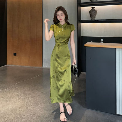 Cap Sleeve Butterfly Print Midi Sheath Qipao