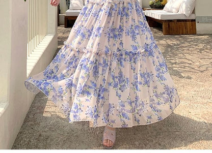 Puff Sleeve Sweetheart Neck Floral Print Tiered Maxi A-Line Dress