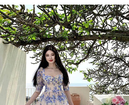 Puff Sleeve Sweetheart Neck Floral Print Tiered Maxi A-Line Dress