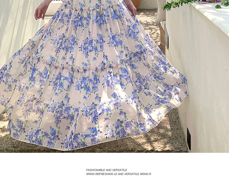 Puff Sleeve Sweetheart Neck Floral Print Tiered Maxi A-Line Dress