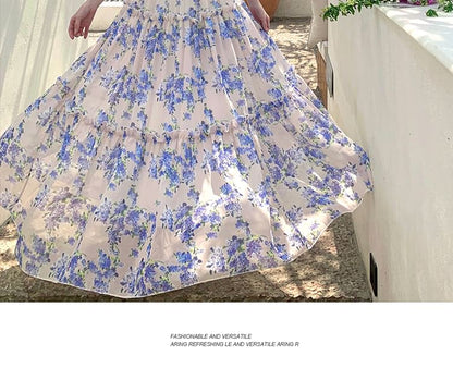 Puff Sleeve Sweetheart Neck Floral Print Tiered Maxi A-Line Dress