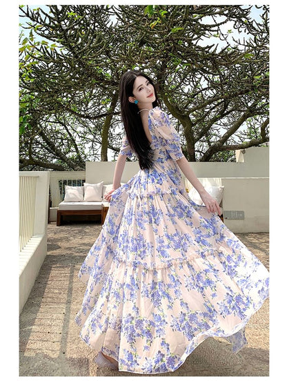 Puff Sleeve Sweetheart Neck Floral Print Tiered Maxi A-Line Dress