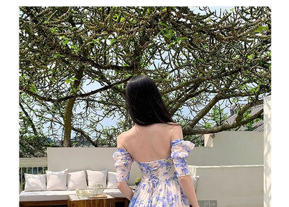 Puff Sleeve Sweetheart Neck Floral Print Tiered Maxi A-Line Dress