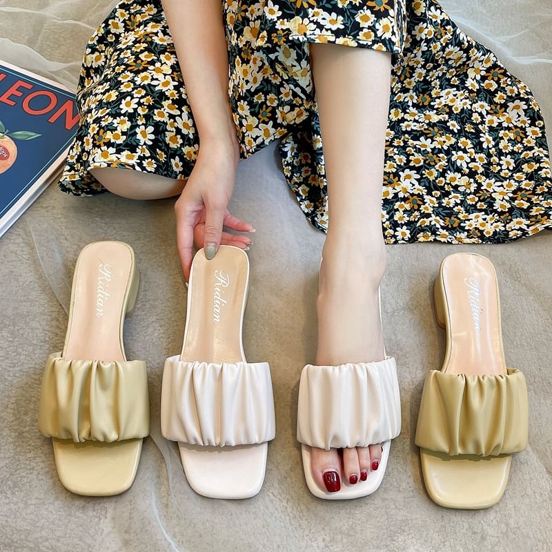 Low Heel Plain Ruched Slide Sandals