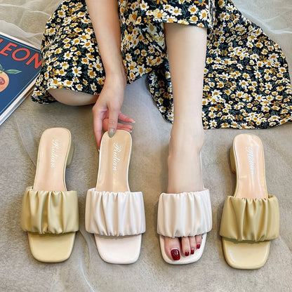 Low Heel Plain Ruched Slide Sandals
