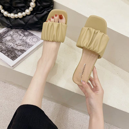 Low Heel Plain Ruched Slide Sandals