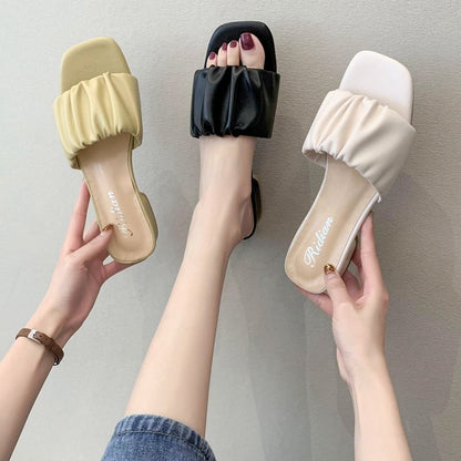 Low Heel Plain Ruched Slide Sandals