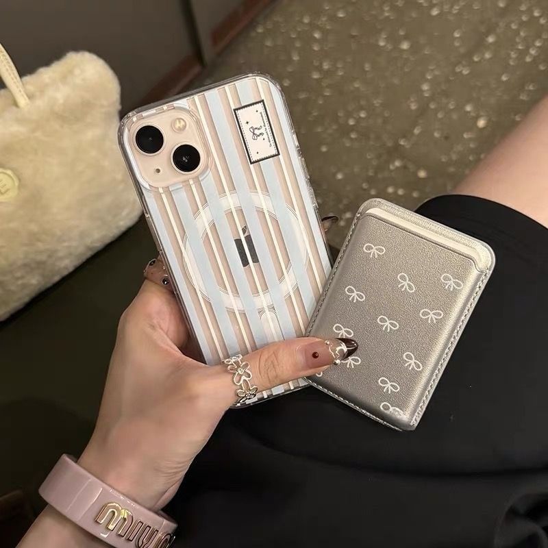 Striped Magsafe Compatible iPhone Case / Bow Print Card Case / Set