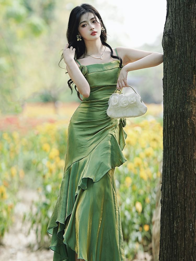 Spaghetti Strap Asymmetrical Plain Maxi A-Line Dress