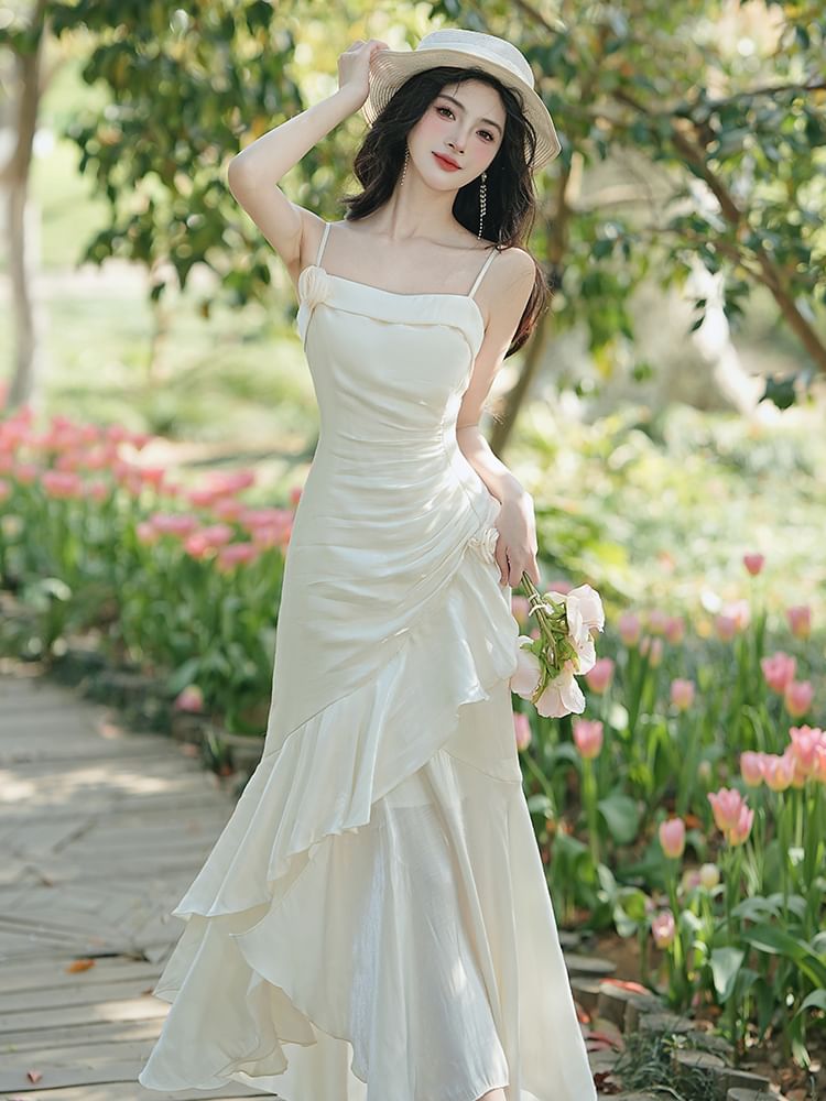Spaghetti Strap Asymmetrical Plain Maxi A-Line Dress