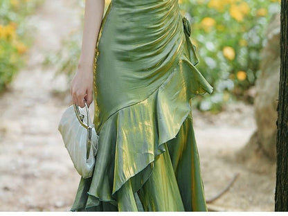 Spaghetti Strap Asymmetrical Plain Maxi A-Line Dress