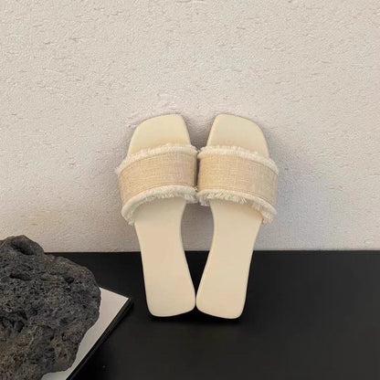 Fringed Trim Slide Sandals