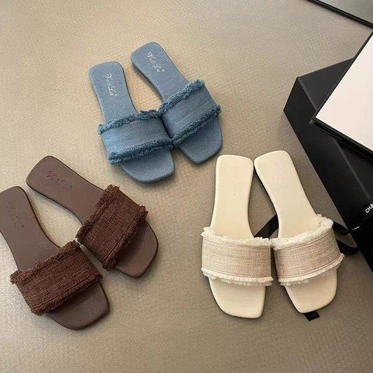 Fringed Trim Slide Sandals