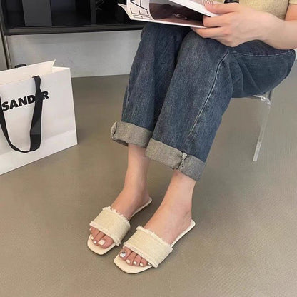Fringed Trim Slide Sandals