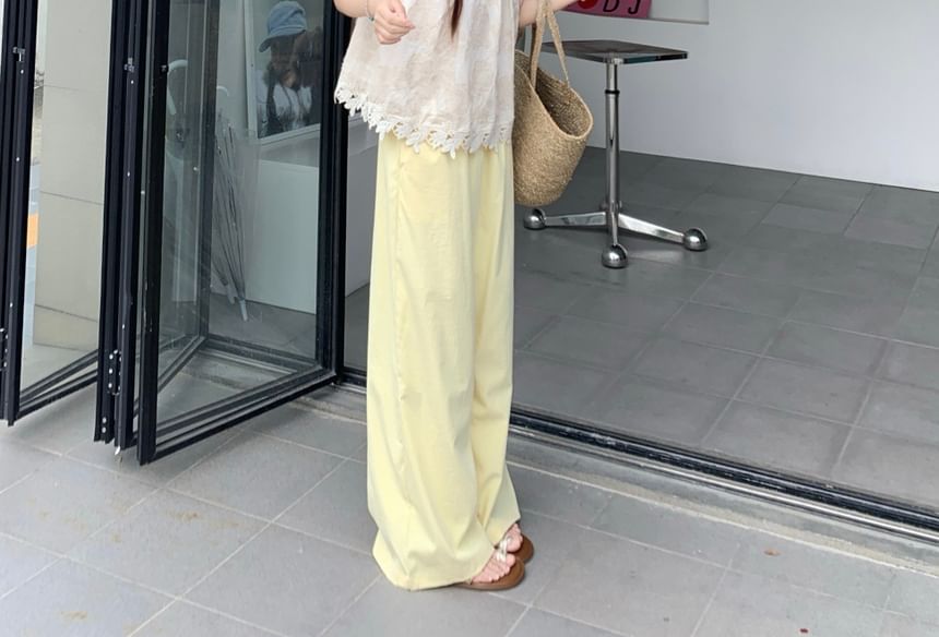 Sleeveless V-Neck Plain Lace Trim Top with High Rise Plain Wide Leg Pants