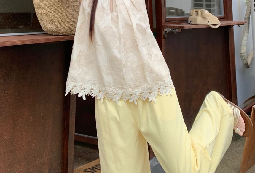 Sleeveless V-Neck Plain Lace Trim Top with High Rise Plain Wide Leg Pants