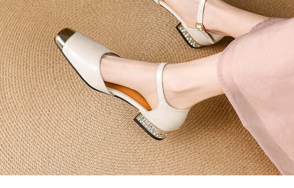 Cap-Toe Rhinestone Chunky Heel Sandals