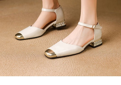 Cap-Toe Rhinestone Chunky Heel Sandals