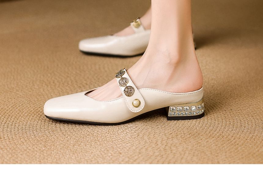 Square-Toe Rhinestone Mary Jane Mules