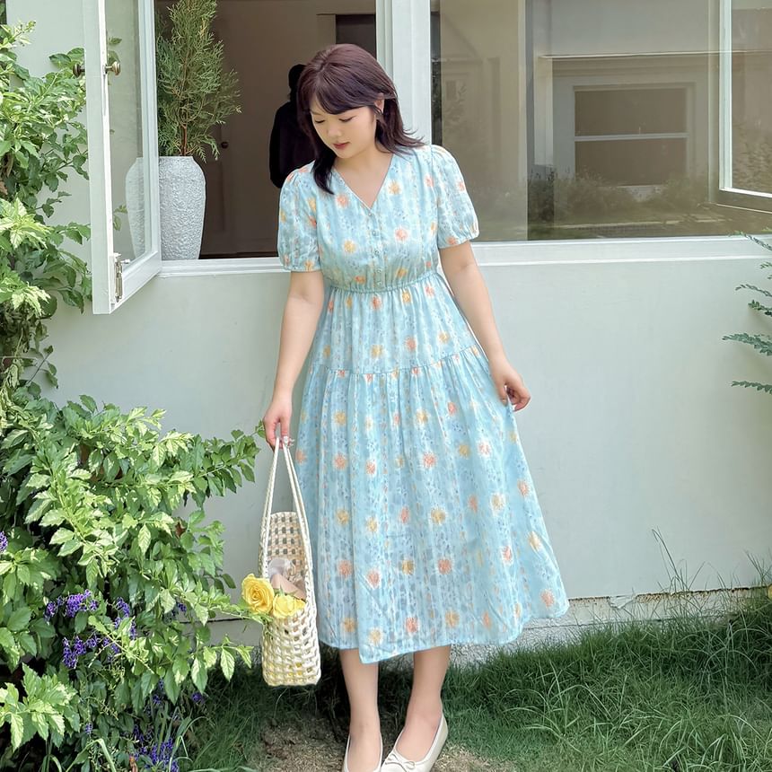 Plus Size Short-Sleeve V-Neck Floral Print Jacquard Midi A-Line Dress