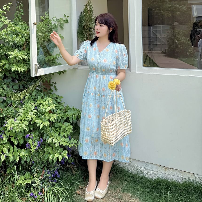 Plus Size Short-Sleeve V-Neck Floral Print Jacquard Midi A-Line Dress