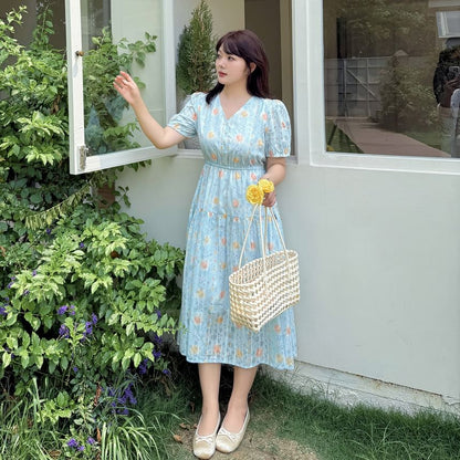 Plus Size Short-Sleeve V-Neck Floral Print Jacquard Midi A-Line Dress