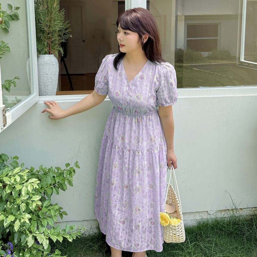 Plus Size Short-Sleeve V-Neck Floral Print Jacquard Midi A-Line Dress