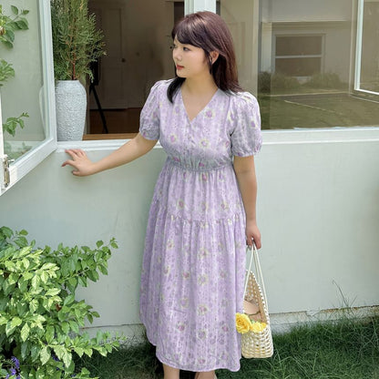 Plus Size Short-Sleeve V-Neck Floral Print Jacquard Midi A-Line Dress