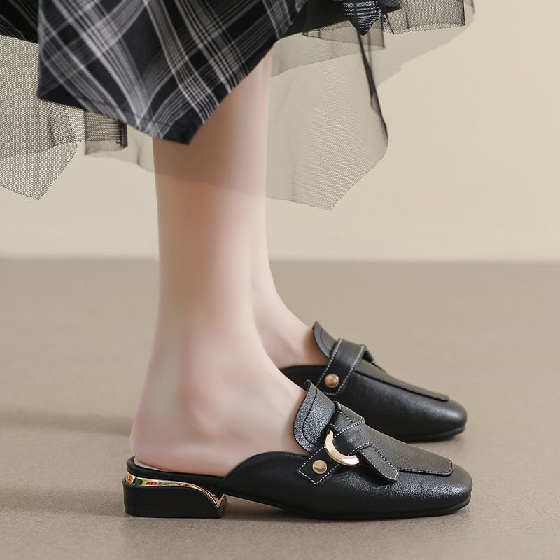 Square Toe Buckled Chunky Heel Loafer Mules