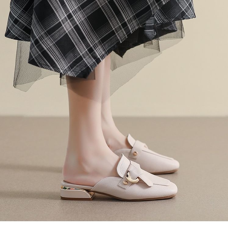 Square Toe Buckled Chunky Heel Loafer Mules