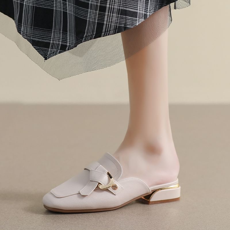 Square Toe Buckled Chunky Heel Loafer Mules