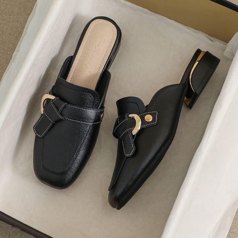 Square Toe Buckled Chunky Heel Loafer Mules