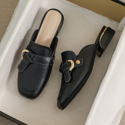 Square Toe Buckled Chunky Heel Loafer Mules