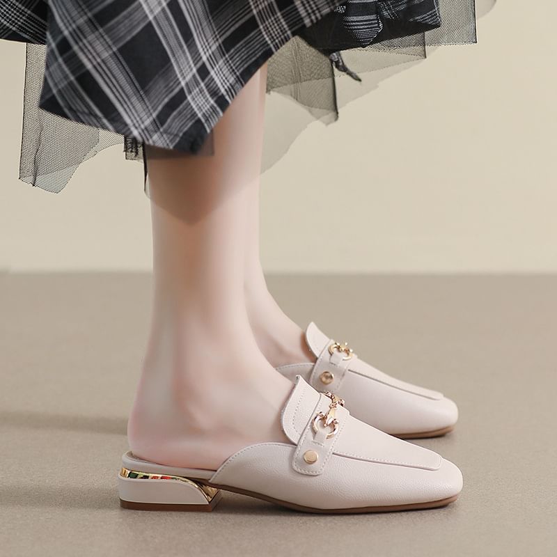 Square Toe Horsebit Chunky Heel Loafer Mules