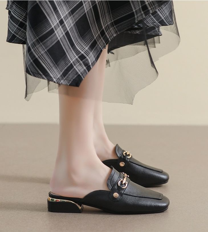 Square Toe Horsebit Chunky Heel Loafer Mules