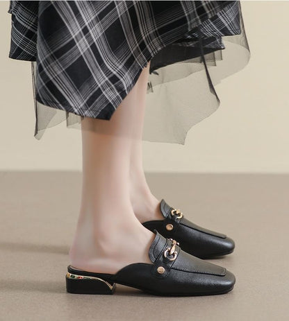 Square Toe Horsebit Chunky Heel Loafer Mules
