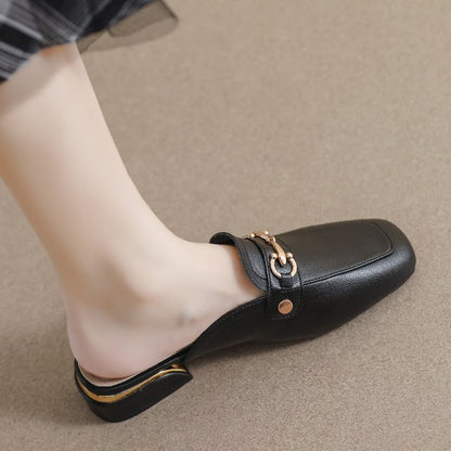 Square Toe Horsebit Chunky Heel Loafer Mules