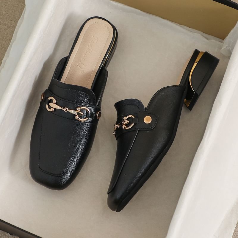 Square Toe Horsebit Chunky Heel Loafer Mules
