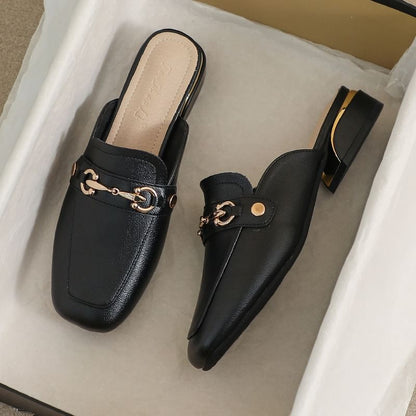Square Toe Horsebit Chunky Heel Loafer Mules