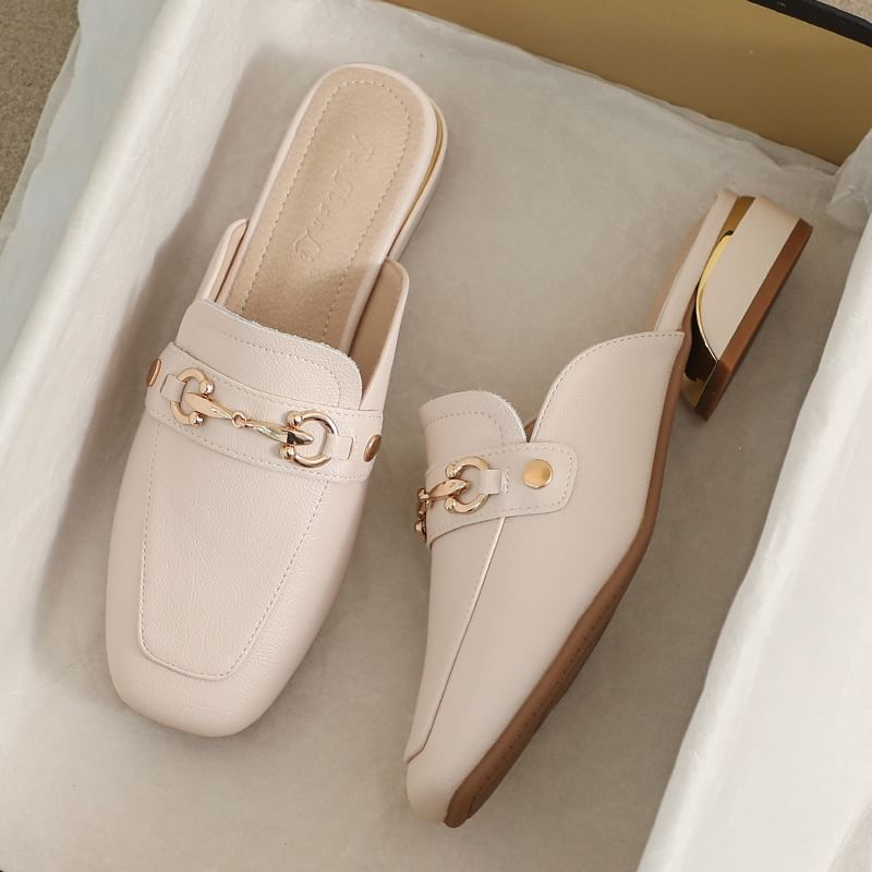 Square Toe Horsebit Chunky Heel Loafer Mules