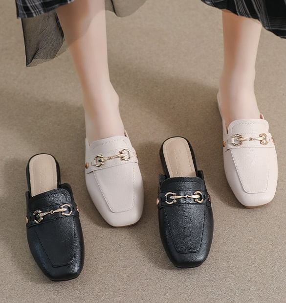 Square Toe Horsebit Chunky Heel Loafer Mules