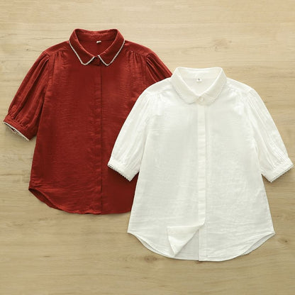 Short-Sleeve Lace Trim Plain Shirt
