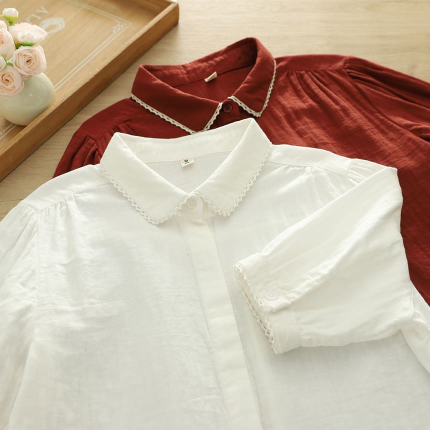 Short-Sleeve Lace Trim Plain Shirt
