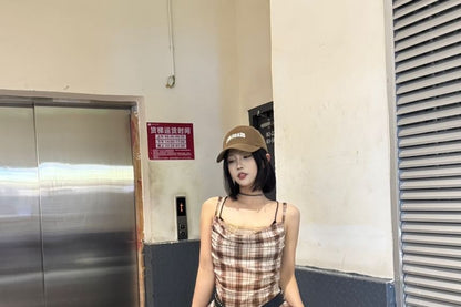 Plaid Ruffle Lace Trim Asymmetrical Camisole Top
