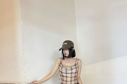 Plaid Ruffle Lace Trim Asymmetrical Camisole Top