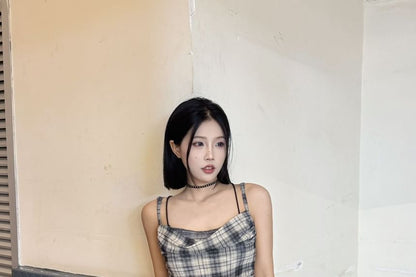 Plaid Ruffle Lace Trim Asymmetrical Camisole Top