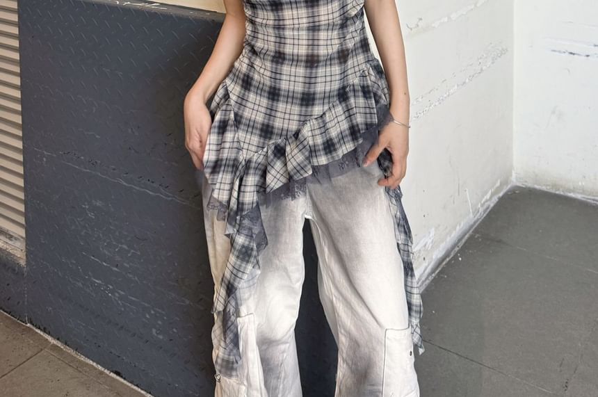 Plaid Ruffle Lace Trim Asymmetrical Camisole Top