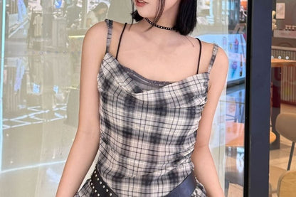 Plaid Ruffle Lace Trim Asymmetrical Camisole Top
