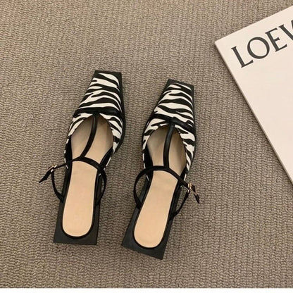 Square Toe T-Strap Chunky Heel Mules