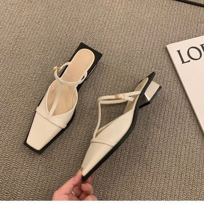 Square Toe T-Strap Chunky Heel Mules